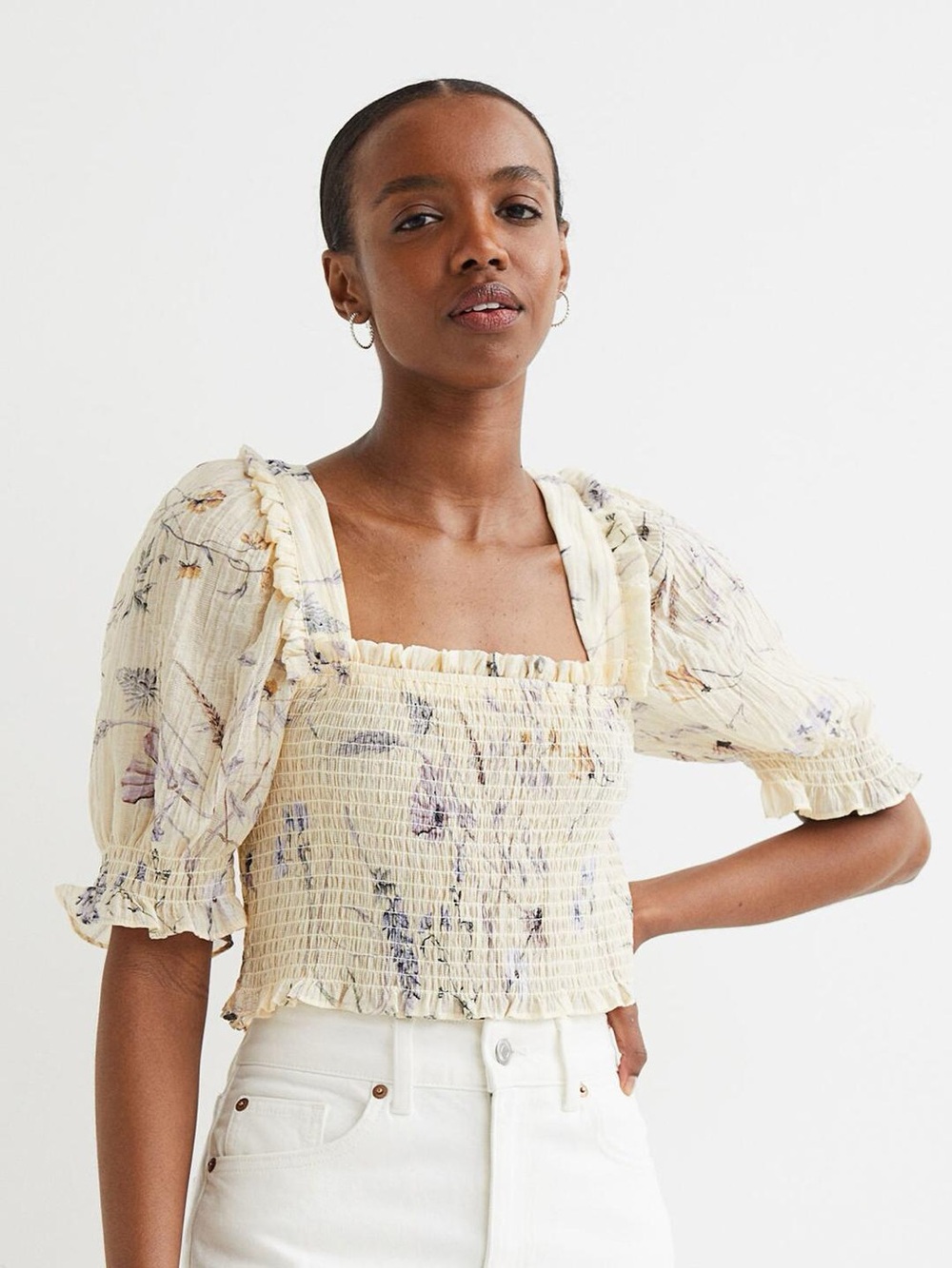 H&M Smocked Floral Puff Sleeve Crop Top Small Cottagecore Stretch Square Neck